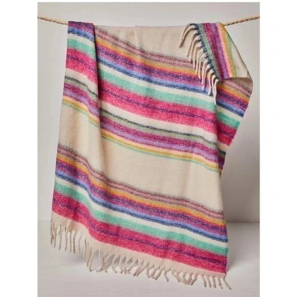 NEW Free People Skye Stripe Fringe Throw Blanket / Ivory - Picture 1 of 4